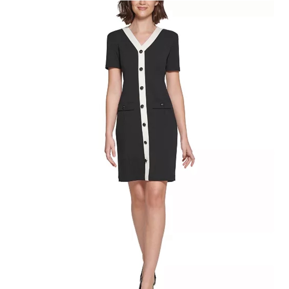 Karl Lagerfeld Paris V-Neck Button Front Dress Size 4 Black